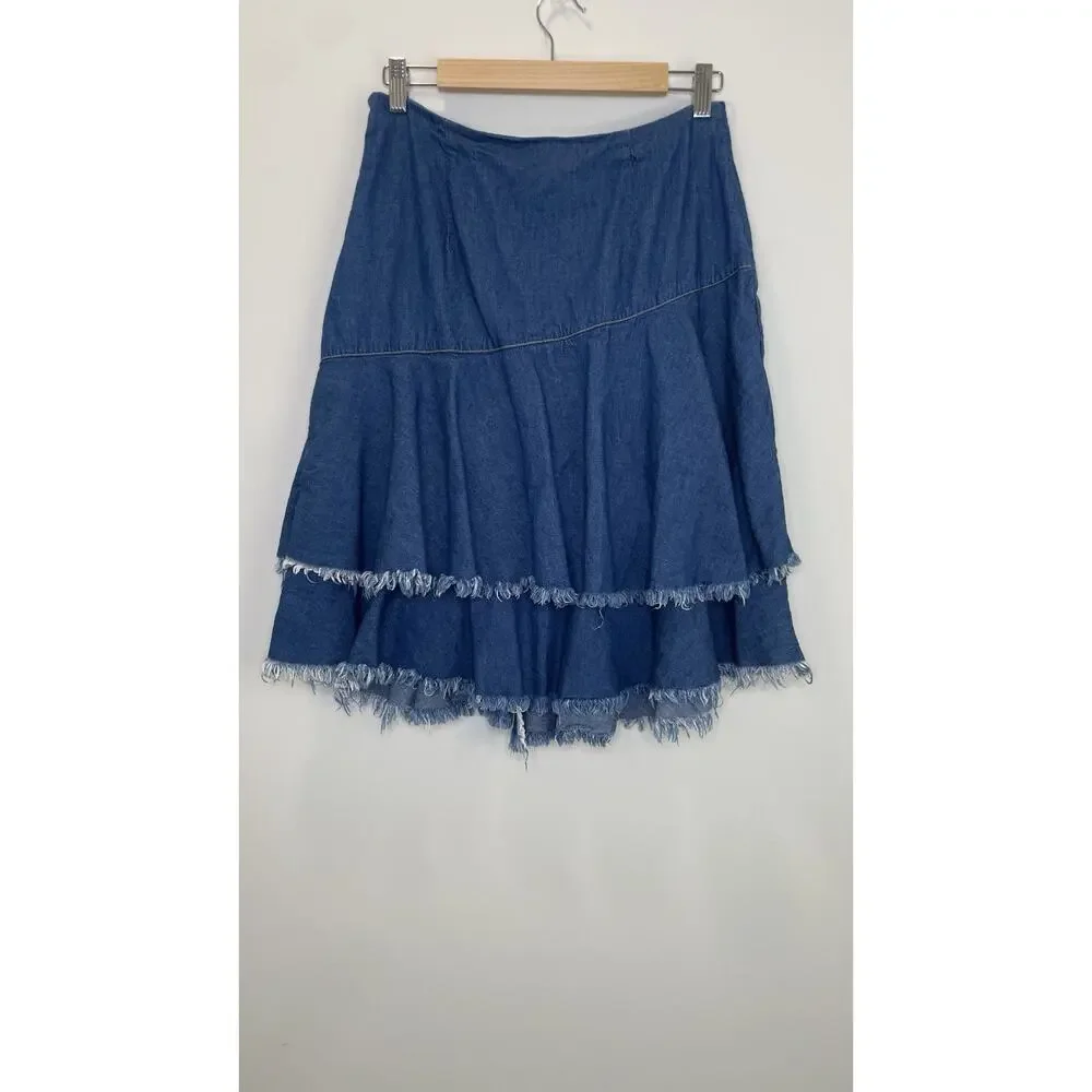 BP Y2K Skirt Ruffle Fringe Hem Western Denim Above Knee Cowgirl Boho Blue Size S - Picture 6 of 11